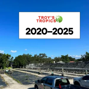 Expanded Proctor Road nursery with hoop houses, crew trucks, and clear Florida sky — 2020–2025